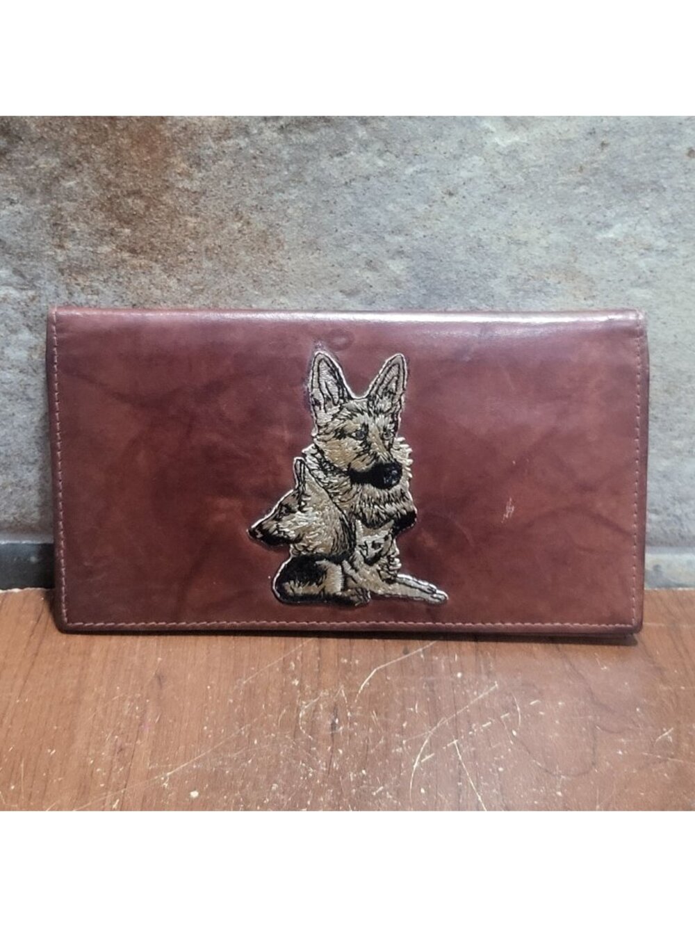 Brown Genuine Leather German Shepherd Checkbook Cover Dog Embroidery
